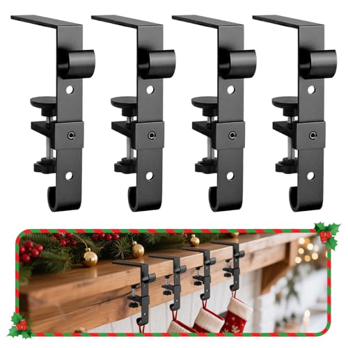 Acrridi 2-in-1 Adjustable Stocking Holder for Mantle, 4pcs Black - No-Tool Garland Hanger
