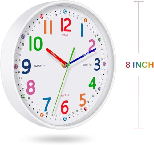 8-Inch Kids Teaching Wall Clock - Silent Non-Ticking Learning Clock