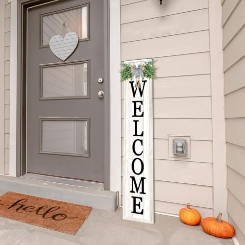 45-Inch Rustic Farmhouse Welcome Sign for Porch, White Wood Vertical Leaner