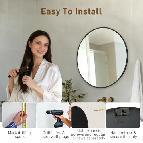 20-Inch Round Metal Wall Mirror - Shatterproof Tempered Glass Vanity Mirror