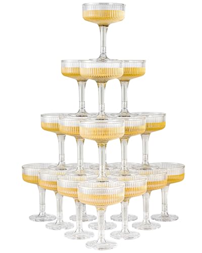 DORONAN Clear Plastic Champagne Tower Glasses 20 Pack, Unbreakable 7oz Coupe for Wedding & Party