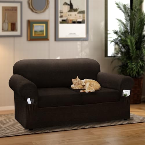 Loveseat Slipcover Set, Non-Slip Stretch Faux Leather, Dark Brown, Fits 58-66"
