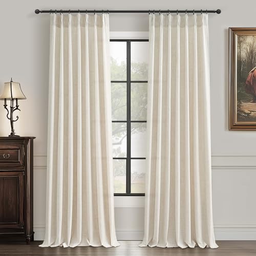 Pinch Pleated Linen Curtains 96 Inches - Light Filtering Drapes (2 Panels)
