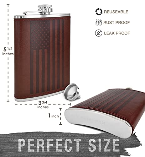 Brown Leather Wrap American Flag 8oz Hip Flask with Funnel – Stainless Steel, Leak Proof, Food Grade, Outdoor & Gift Set