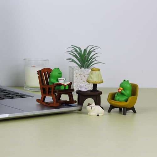 Miniature Resin Frog and Cat Figurine Set, 6-Piece Desk Decor Collection