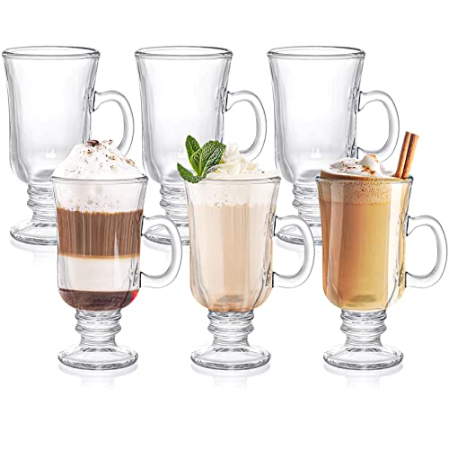 ZENFUN Set of 6 8oz Irish Coffee Glass Mugs with Handles - 3 Inch Footed Clear Espresso Cups