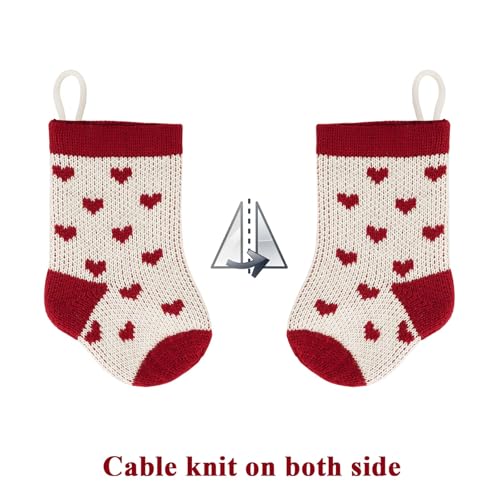 Mini Christmas Stockings 7 Inch Knitted Holiday Decor Set - Burgundy, Green & Ivory White