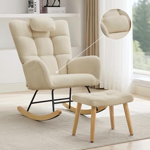 Upholstered Nursery Rocking Chair and Ottoman with High Backrest