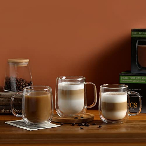 12oz Double Wall Glass Coffee Mugs Set of 4 - Insulated Handled Espresso, Latte & Tea Cups
