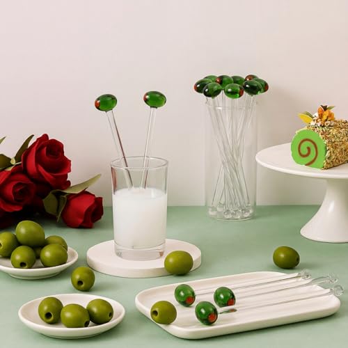 Qinyoung Martini Olive Glass Drink Stirrers - Reusable 7 Inch Cocktail & Coffee Swizzle Sticks (12 Pack)