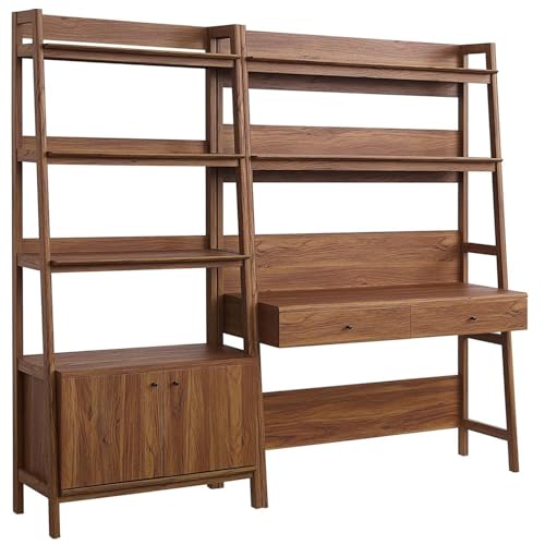 2-Piece Mid-Century Modern Home Office Desk and Bookshelf Set in Walnut