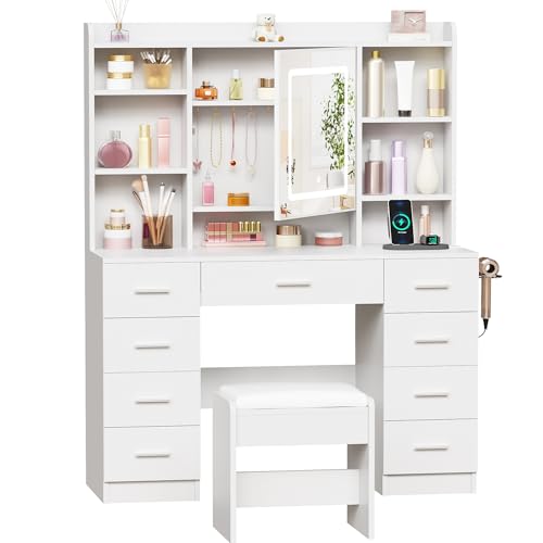 BEWISHOME Lighted Vanity Desk with Jewelry Storage & Power Outlet