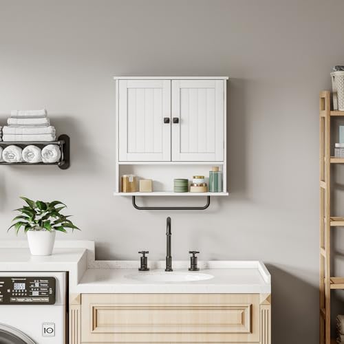 Wall Mounted Bathroom Medicine Cabinet with Towel Bar and Adjustable Shelf