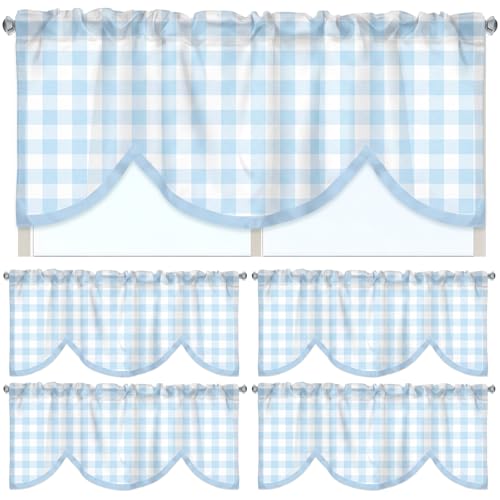 4-Piece Gingham Window Valance Set, Light Blue Rod Pocket Kitchen Curtains