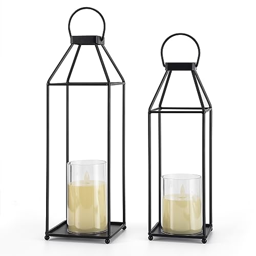 Decorative Outdoor Lanterns with LED Candles - 2PCS Black Metal