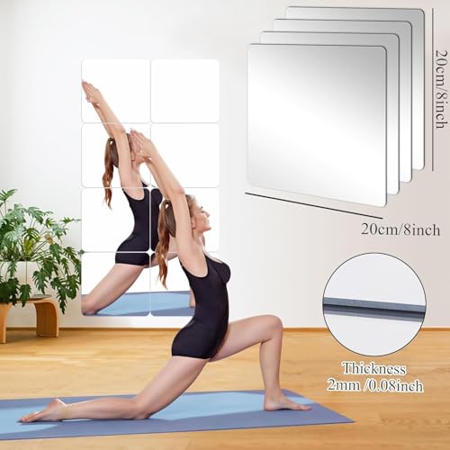 4 Pack Self-Adhesive Acrylic Mirror Tiles, 8x8 Inch Flexible Wall Sheets