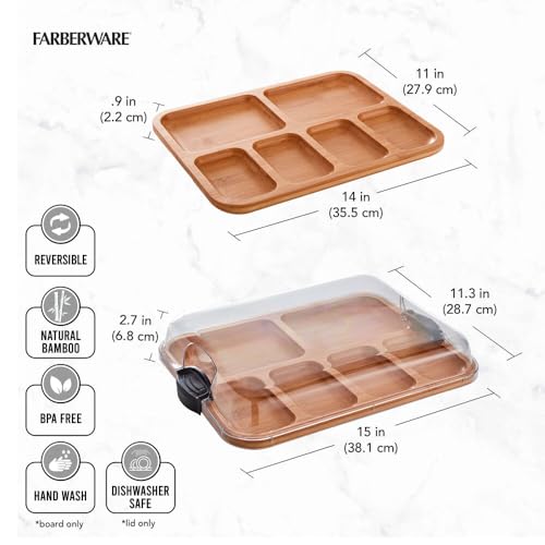 Farberware Build-A-Board Bamboo Cutting Board with Built-In Compartments & Clear Locking Lid, Black Handles – Charcuterie, Snack Tray, Food Prep and Serving Platter