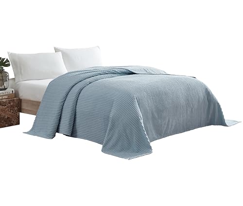 Queen Channel Chenille Bedspread - Soft 100% Cotton Blue Bedcover