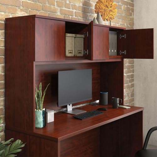 60-Inch Desk Hutch with Storage Cabinets and Open Workspace, Brown Wood