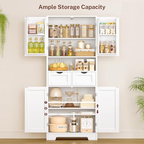 Tall Kitchen Pantry Cabinet with Adjustable Shelves and 2 Drawers, White
