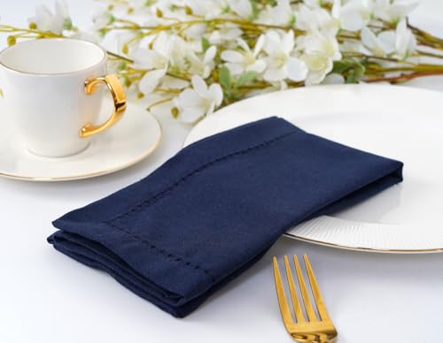 Navy Blue Hemstitch Cotton Dinner Napkins 18x18 Inches, Set of 12