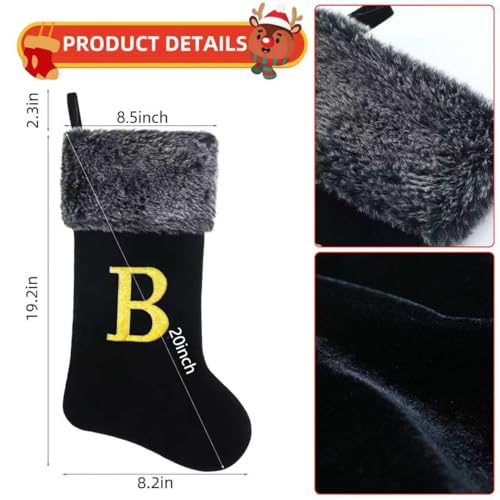 20 Inch Black Velvet Christmas Stocking with Gold Monogram Paw - Personalized with Faux Fur Trim, Deluxe