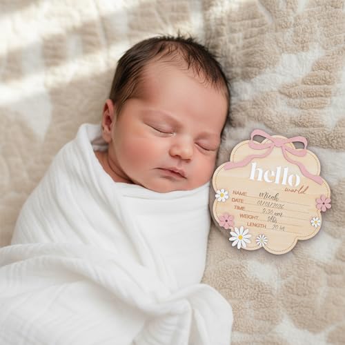 Wooden Baby Birth Announcement Sign - Cloud Shape with Pink Bow