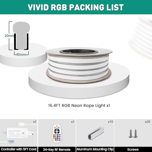 RGB LED Neon Rope Light 16.4ft, Waterproof Color Changing Strip with Remote