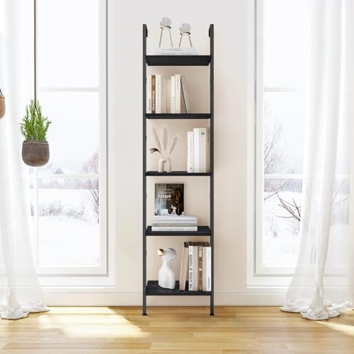 5-Tier Ladder Shelf, Wall Mounted Bookshelf with Metal Frame, Black