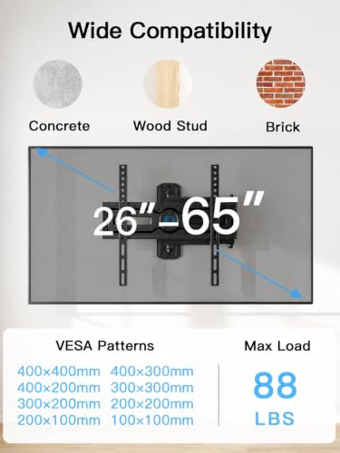 Pipishell Full Motion TV Wall Mount for 26-65 Inch Flat & Curved TVs, Single Stud Fits 26-65"
