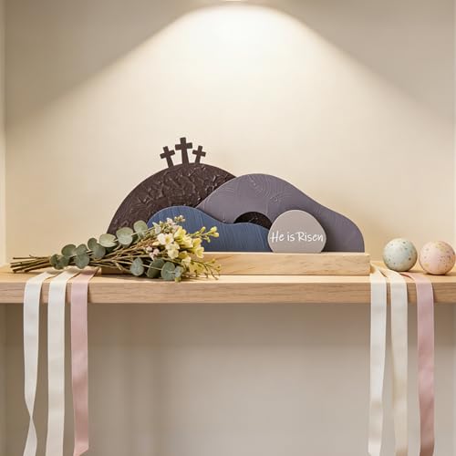 Easter Resurrection Scene Decor Set with Wooden Base - Religious Tombstone Display