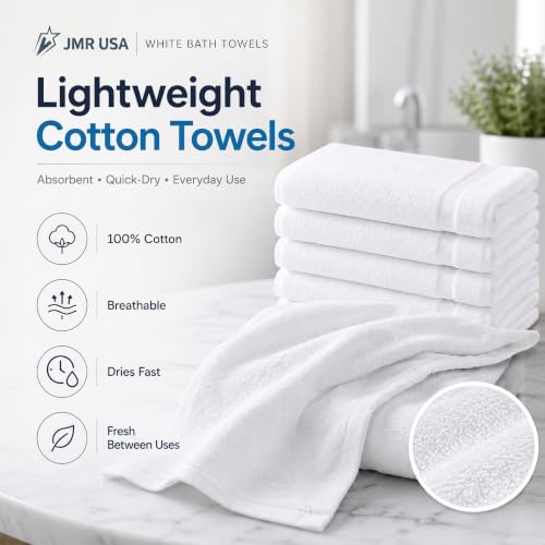 12-Pack White Cotton Bath Towels, 20x40 Lightweight Quick-Dry Utility Towels