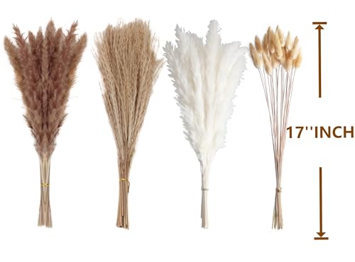 100 Pcs Dried Pampas Grass Decor - 17 Inch Small Boho Bouquet (Brown & White)