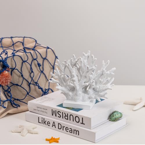 White Resin Coral Statue 5.8-inch Nautical Beach Decor for Shelf Tabletop