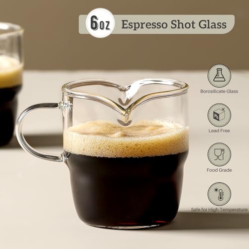 NETANY 6oz Espresso Cups Set of 2, Double Spouts, Stackable Glass Mugs for Coffee Bar