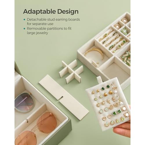 SONGMICS 2-Layer Jewelry Box, Jewelry Organizer with Handle, Removable Jewelry Tray, Jewelry Storage, Floating Effect, 8.1 x 9.4 x 4.3 Inches, Christmas Gift, Laurel Green UJBC165C02