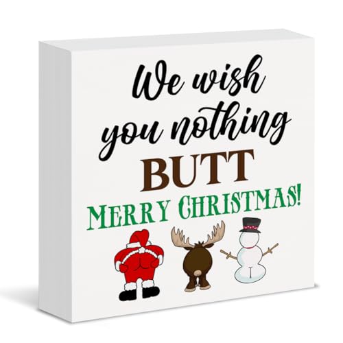 Funny Christmas Sign Decor for Bathroom We Wish You Nothing Butt Merry Christmas Wood Block Sign - Variation D