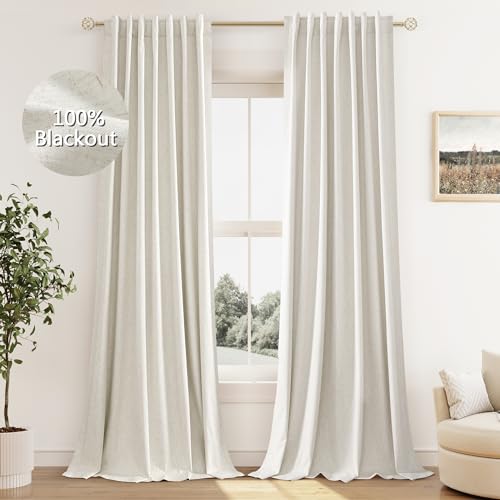 100% Blackout Linen Curtains 84 Inch - Thermal Insulated 2 Panel Set