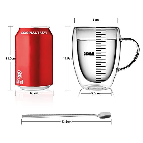 LIBWYS 6 Pack Double Walled Borosilicate Glass Coffee Cups 12oz with Spoons