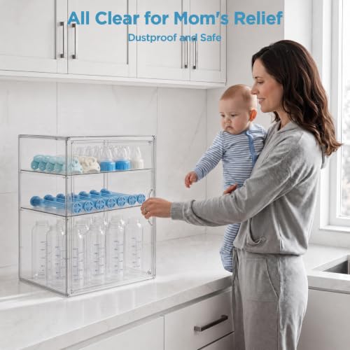 Clear Acrylic Baby Bottle Storage Organizer with Magnetic Door and 3 Tiers