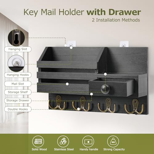 Wall Mount Key and Mail Organizer with 8 Hooks, Drawer, and Shelf