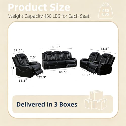 3-Piece Power Reclining Leather Sofa Set with LED Lighting and USB Ports