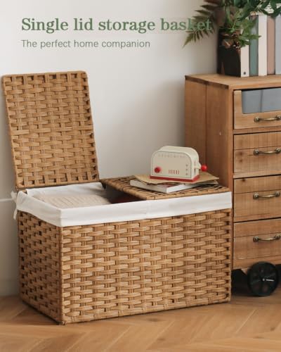 Woven Storage Basket with Lid 65L Foldable Rattan Hamper with Liners