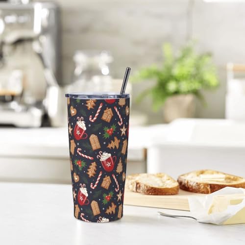 YIKISSKID Red Brown Christmas 20oz Insulated Tumbler with Lid & Straw - Candy Cane & Snowflake Design