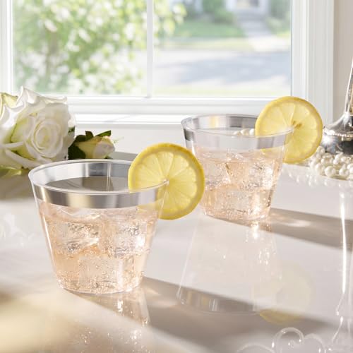 BESTVIP 9oz Silver Rimmed Disposable Plastic Cups - Pack of 100