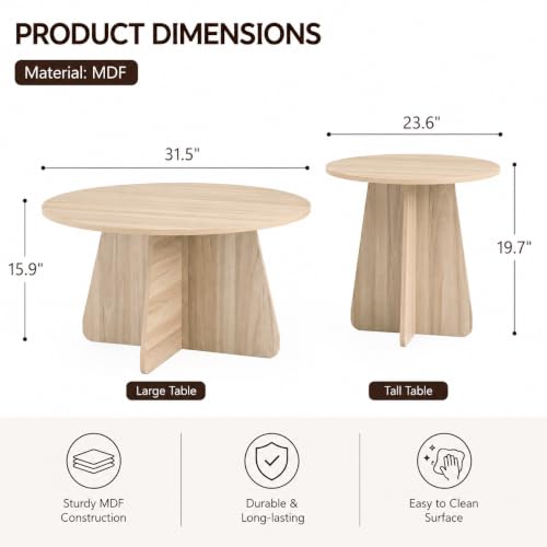 2-Piece Round Nesting Coffee Table Set, Mid-Century Modern Walnut Finish