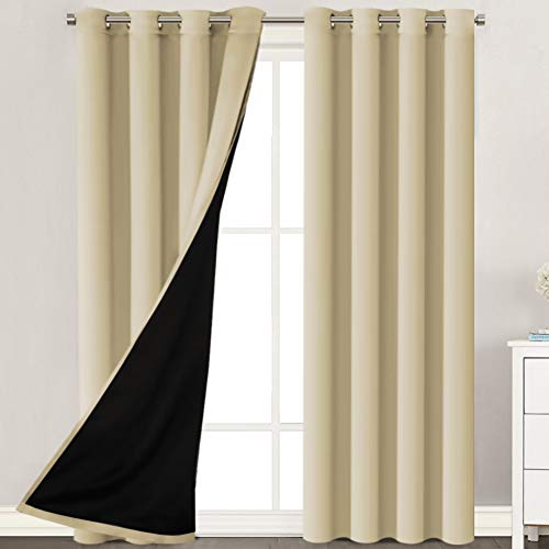 H.VERSAILTEX 100% Blackout Curtains 108 Inches Long (2 Layers) Full Light Blocking Window Curtain Draperies for Bedroom Thermal Insulated Soft Thick Silky Grommet 2 Panels, Wheat with Black Liner