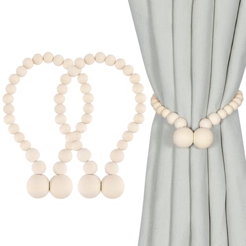 Magnetic Wood Bead Curtain Tiebacks, 2-Pack - No-Drill Drape Holdbacks