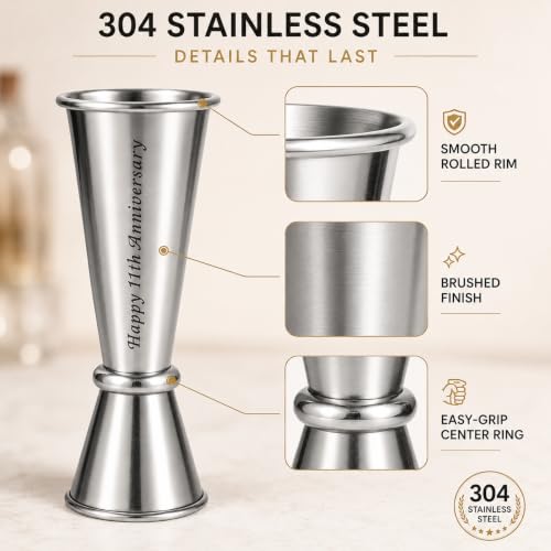 11th Anniversary Steel Jigger Gift for Men Women - Stainless Steel Cocktail Measure