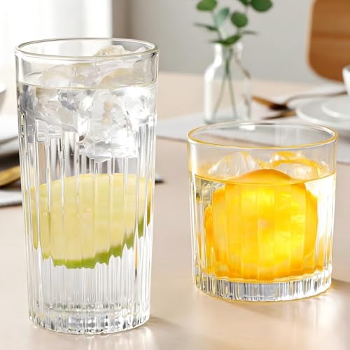 8-Piece Ribbed Glassware Set, 12 oz Highball and 10 oz Cocktail Tumblers